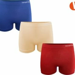 Merkloos Boxershorts Dames - Microfiber - Naadloos En Elastisch - 3-Pack - Beige, Blauw, Rood - Maat S-L | Dames Ondergoed