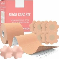 ProductPlanet Premium Boob Tape - Inclusief 2 Silicone Nipple Covers + 4 Satijn Nipple Covers - Plak BH - 7,5 Cm X 5 Meter - Geschikt Voor Cup A Tot En Met F - Fashion Tape - BoobTape - Sandy / Roze